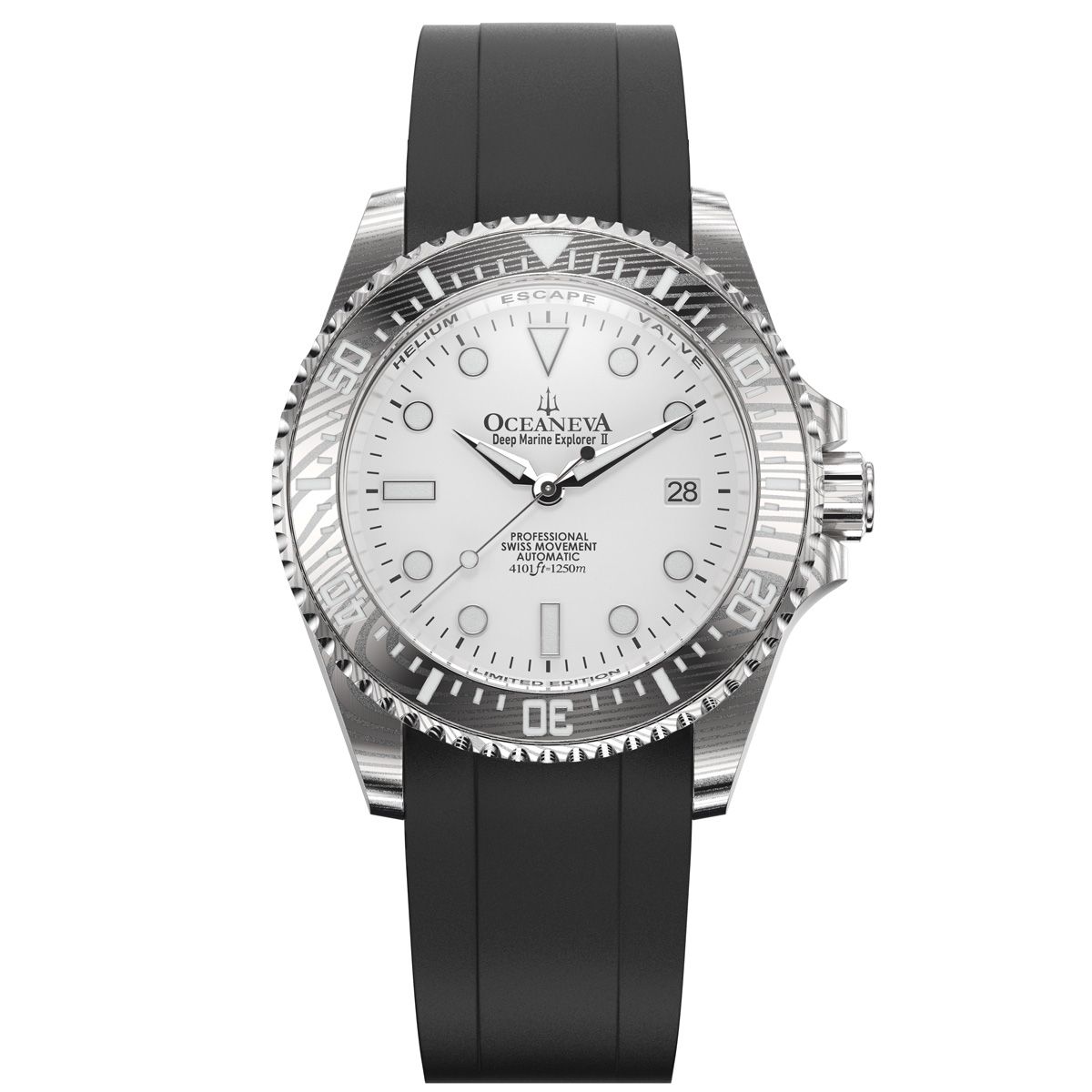 Oceaneva Mens Deep Marine Explorer II Damascus Steel Watch White Dial Black Strap