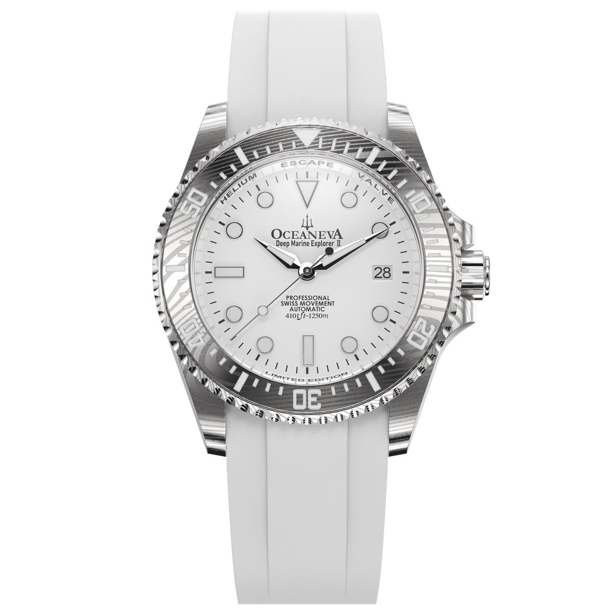 Oceaneva Mens Deep Marine Explorer II White Dial Damascus Steel Watch