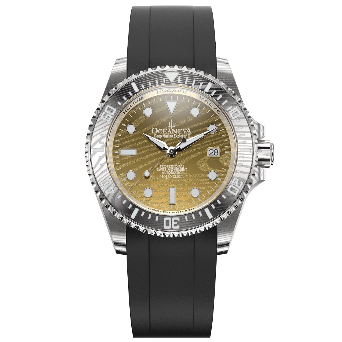 Oceaneva Mens Deep Marine Explorer II Yellow Gold Gold Damascus Steel Dial Watch Rubber
