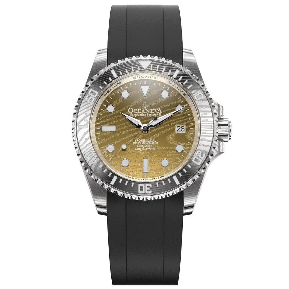 Damascus Steel Watch Oceaneva Yellow Gold Plated Damascus Steel