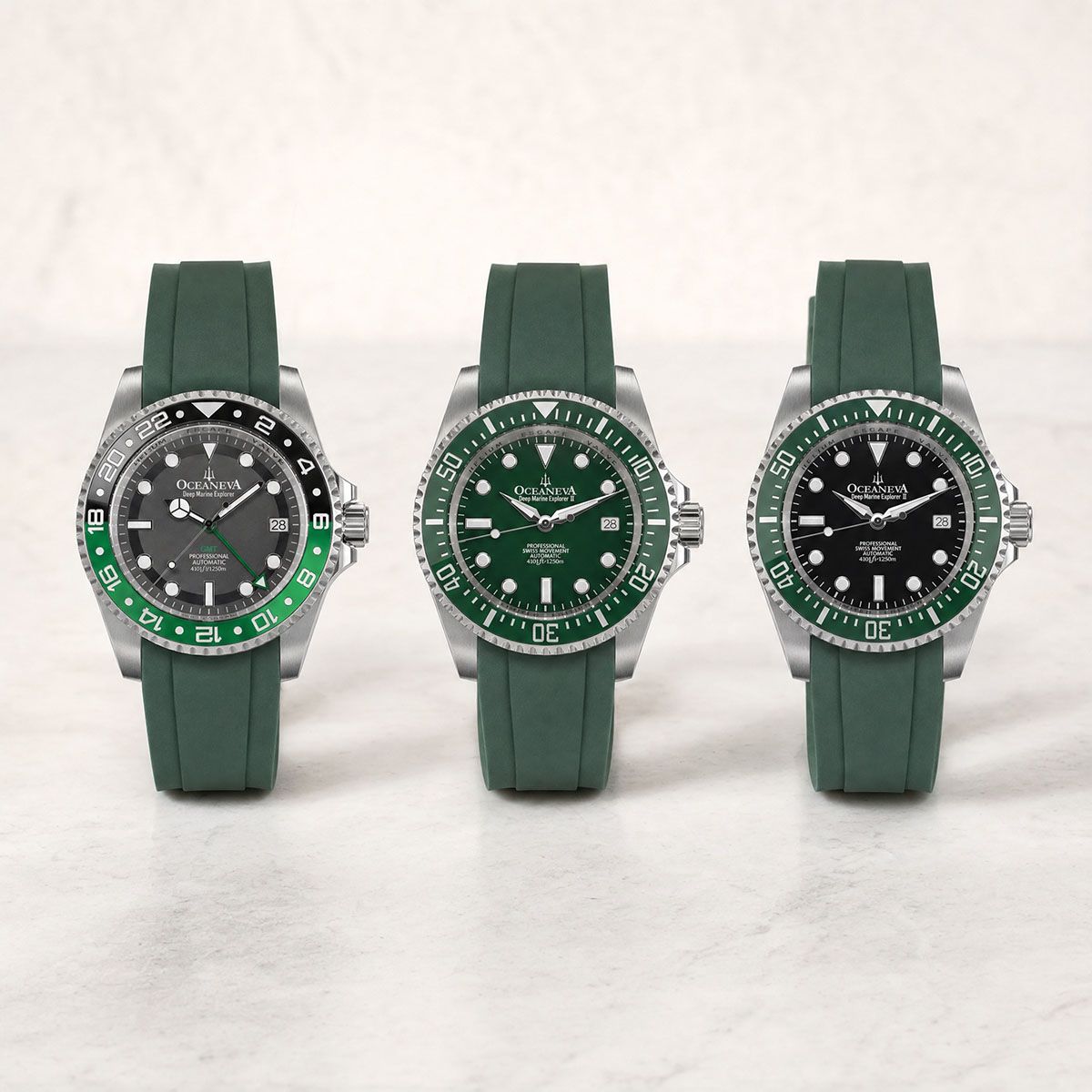 Oceaneva Watches with FKM rubber green straps