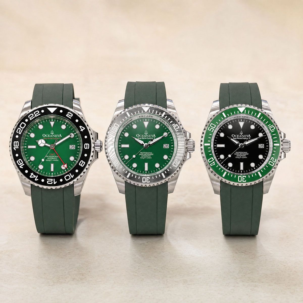 Watches with FKM rubber green straps