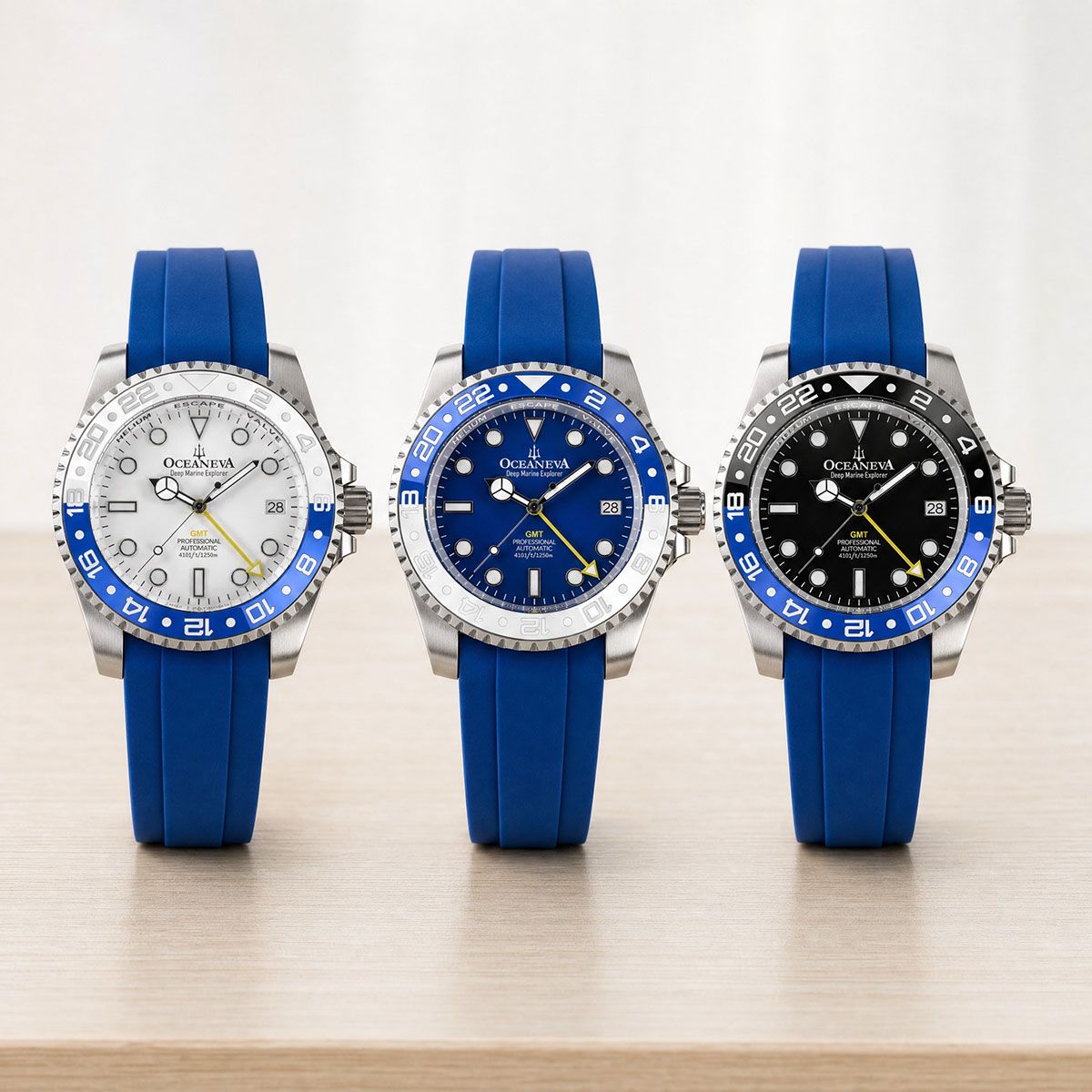 Oceaneva GMT Watches Fitted With Blue FKM Rubber Straps