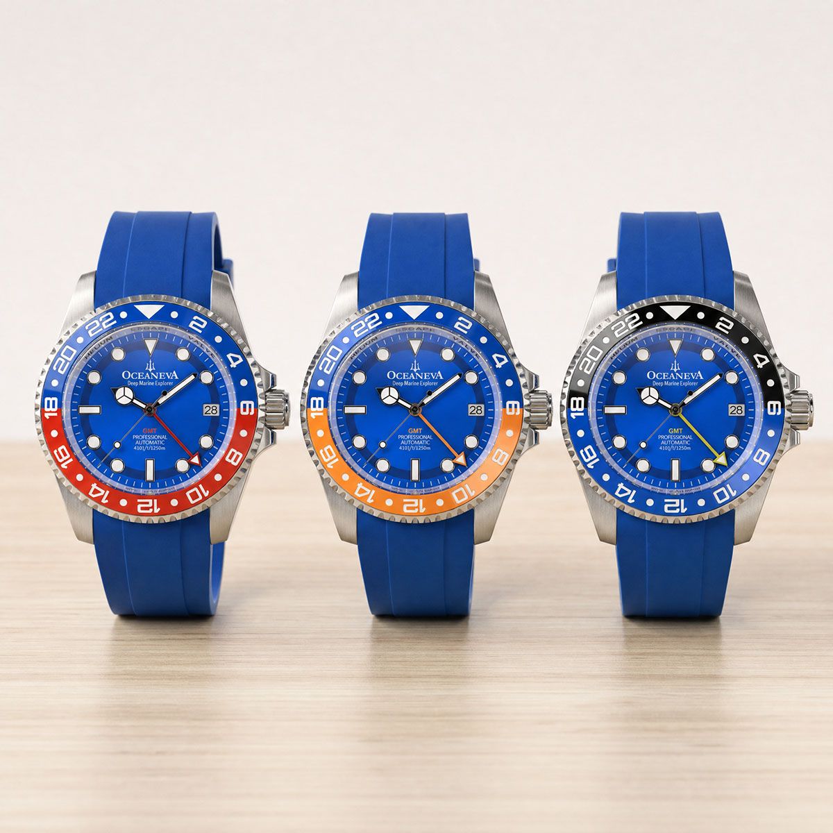 Oceaneva GMT Watches With Blue FKM Rubber Straps