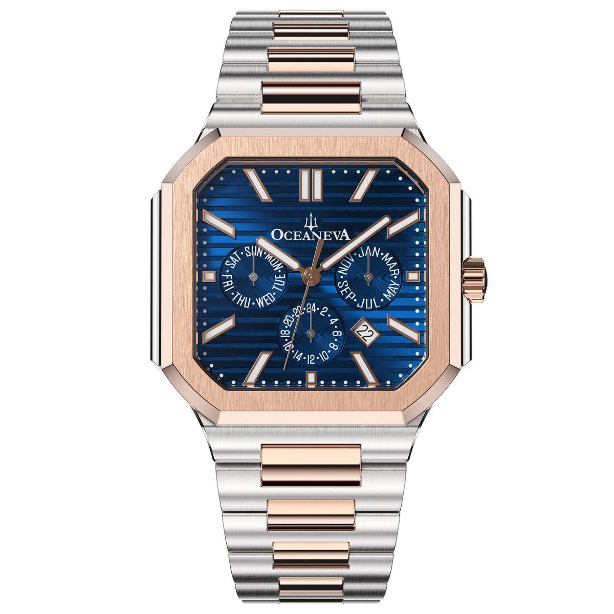 Oceaneva Mens Tenuis Automatic CalendarThin Watch Blue Rose Gold
