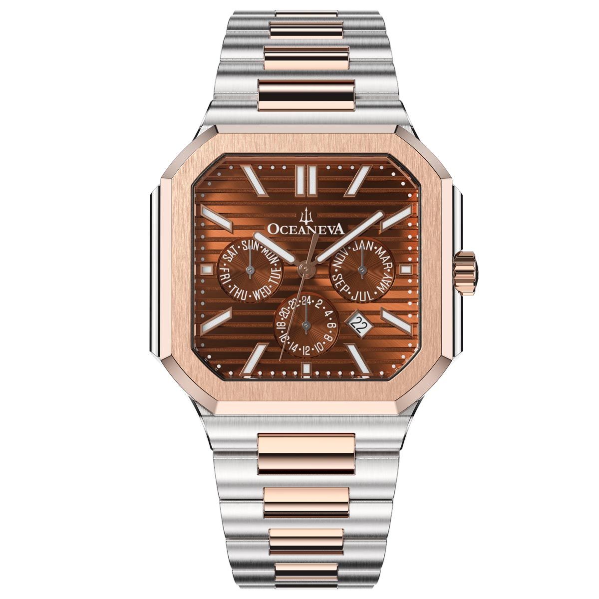 Oceaneva Mens Tenuis Automatic Calendar Thin Watch Brown Rose Gold