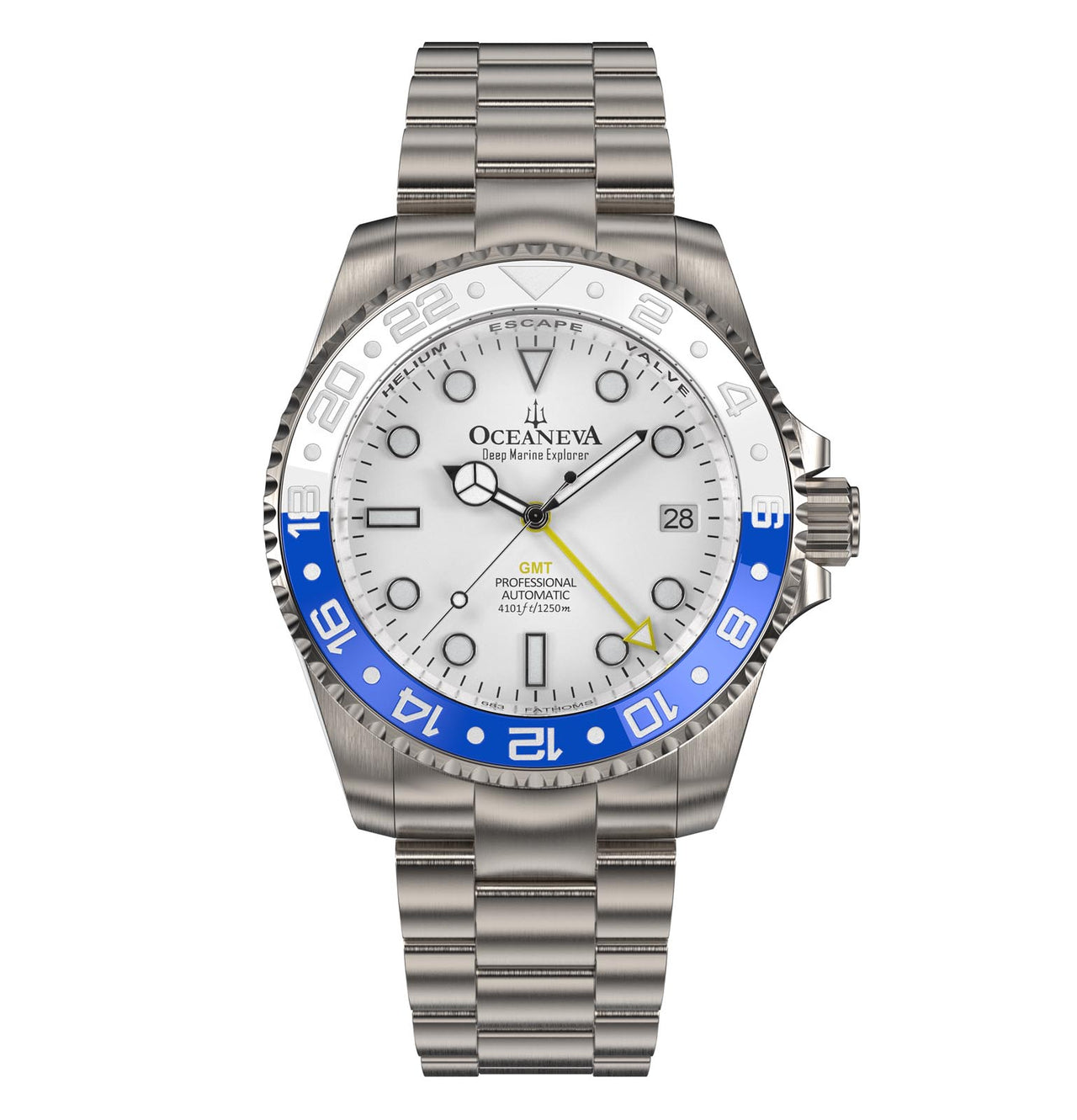 Oceaneva™ Men's GMT TITANIUM Automatic Deep Marine Explorer 1250M White & Blue Ceramic Bezel Watch
