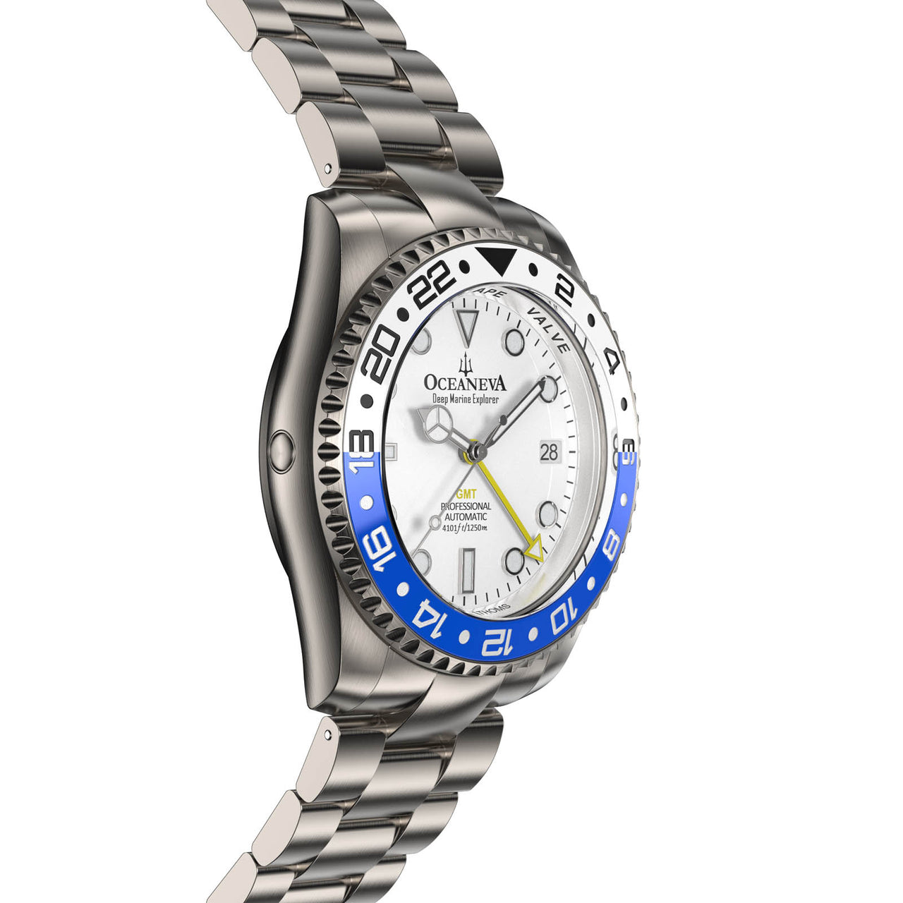 Oceaneva™ Men's GMT TITANIUM Automatic Deep Marine Explorer 1250M White & Blue Ceramic Bezel Watch