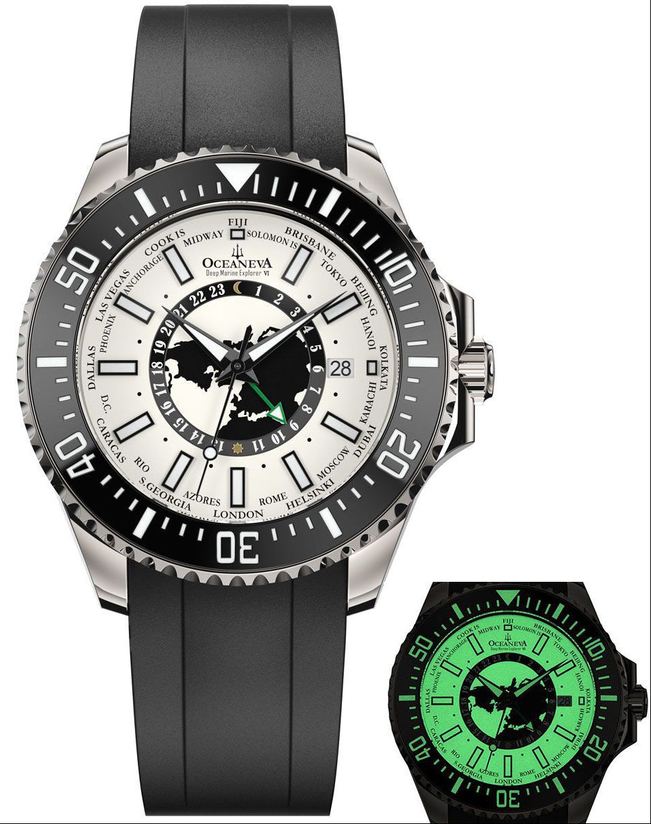 Oceaneva WorldTime 6000m Automatic Grade 5 Titanium GMT Watch Full Lume Black Gray
