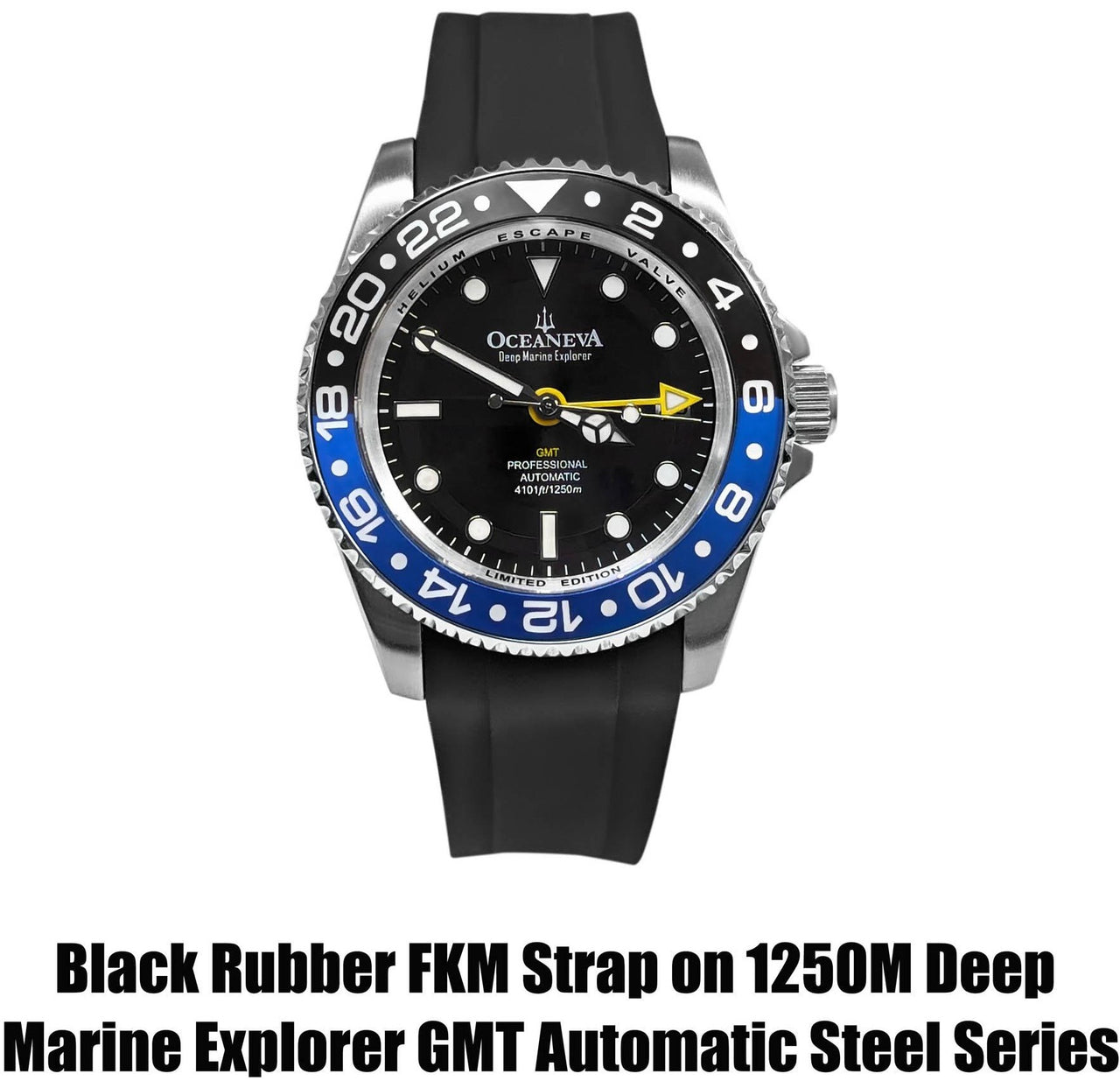 FKM Black Rubber Strap - BRUSHED Steel Buckle - FKM-BK-BR Black FKM rubber strap, FKM Rubber Watch Strap