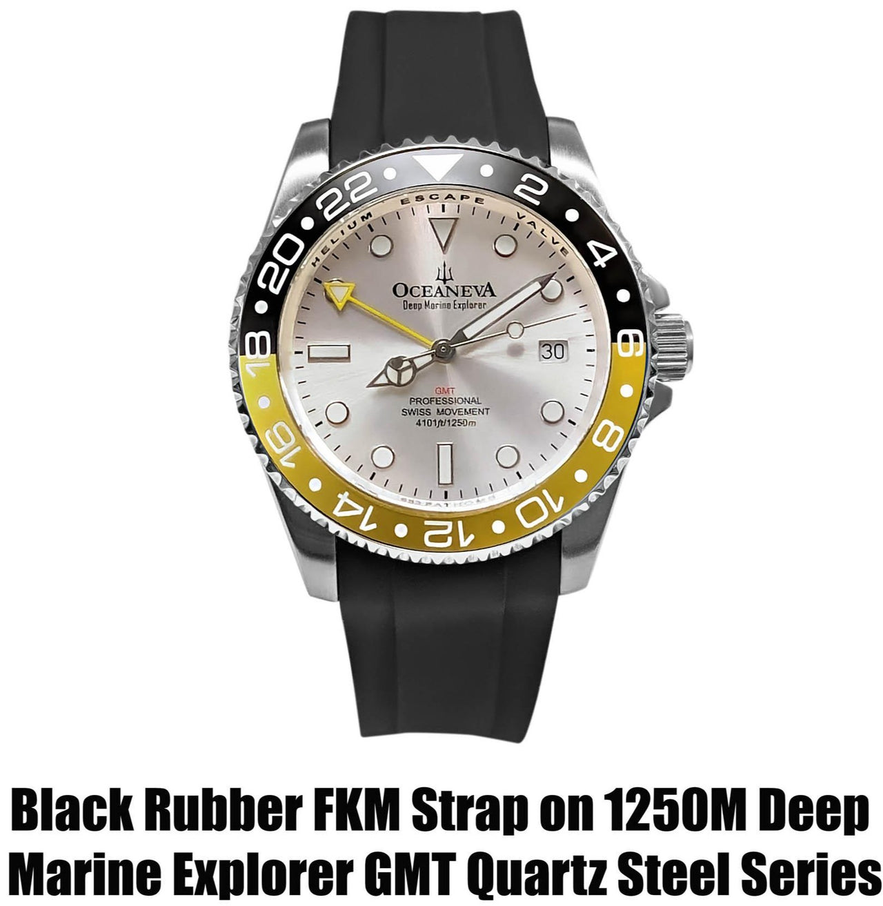 FKM Black Rubber Strap - BRUSHED Steel Buckle - FKM-BK-BR Black FKM rubber strap, FKM Rubber Watch Strap