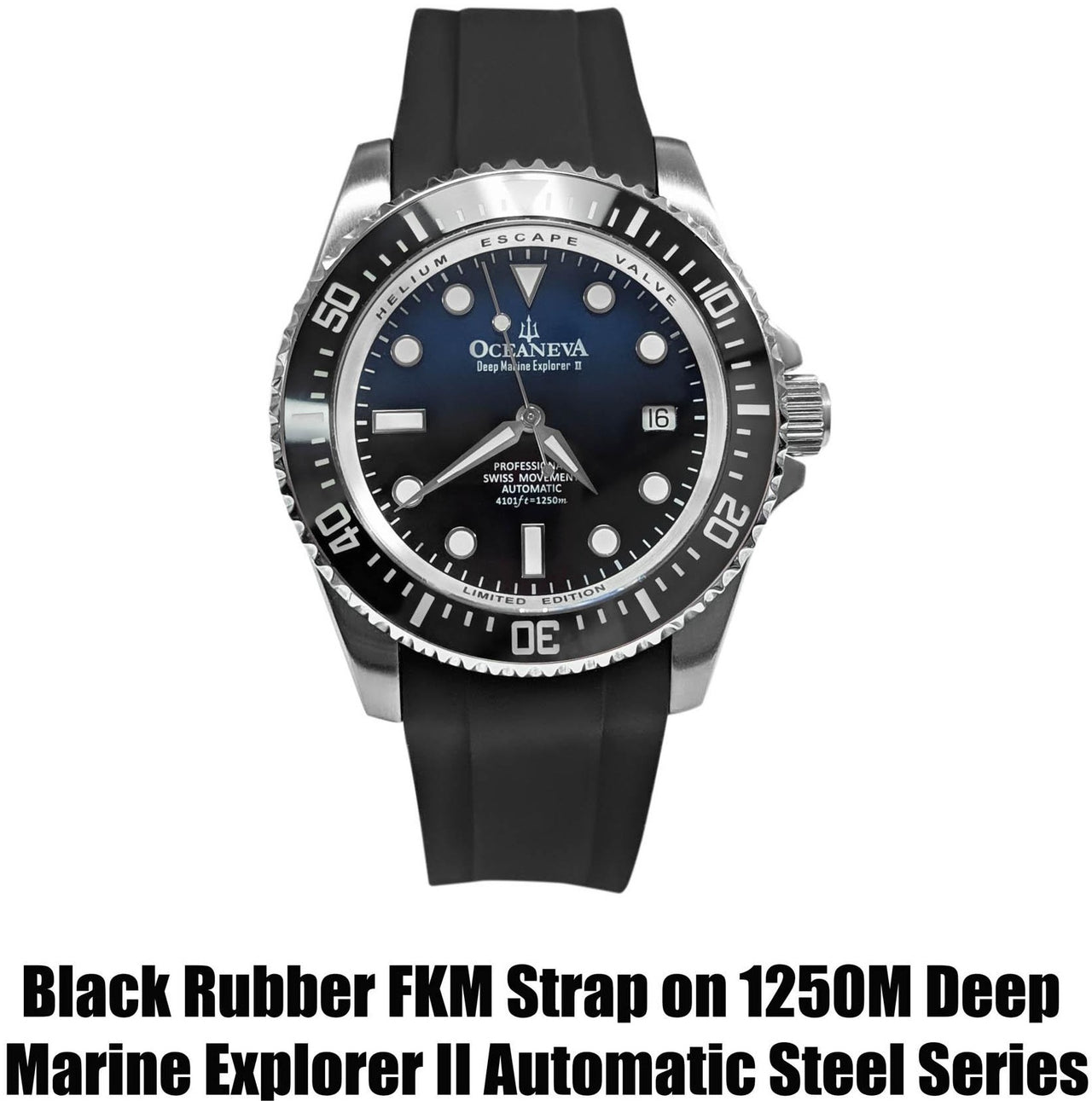 FKM Black Rubber Strap - BRUSHED Steel Buckle - FKM-BK-BR Black FKM rubber strap, FKM Rubber Watch Strap