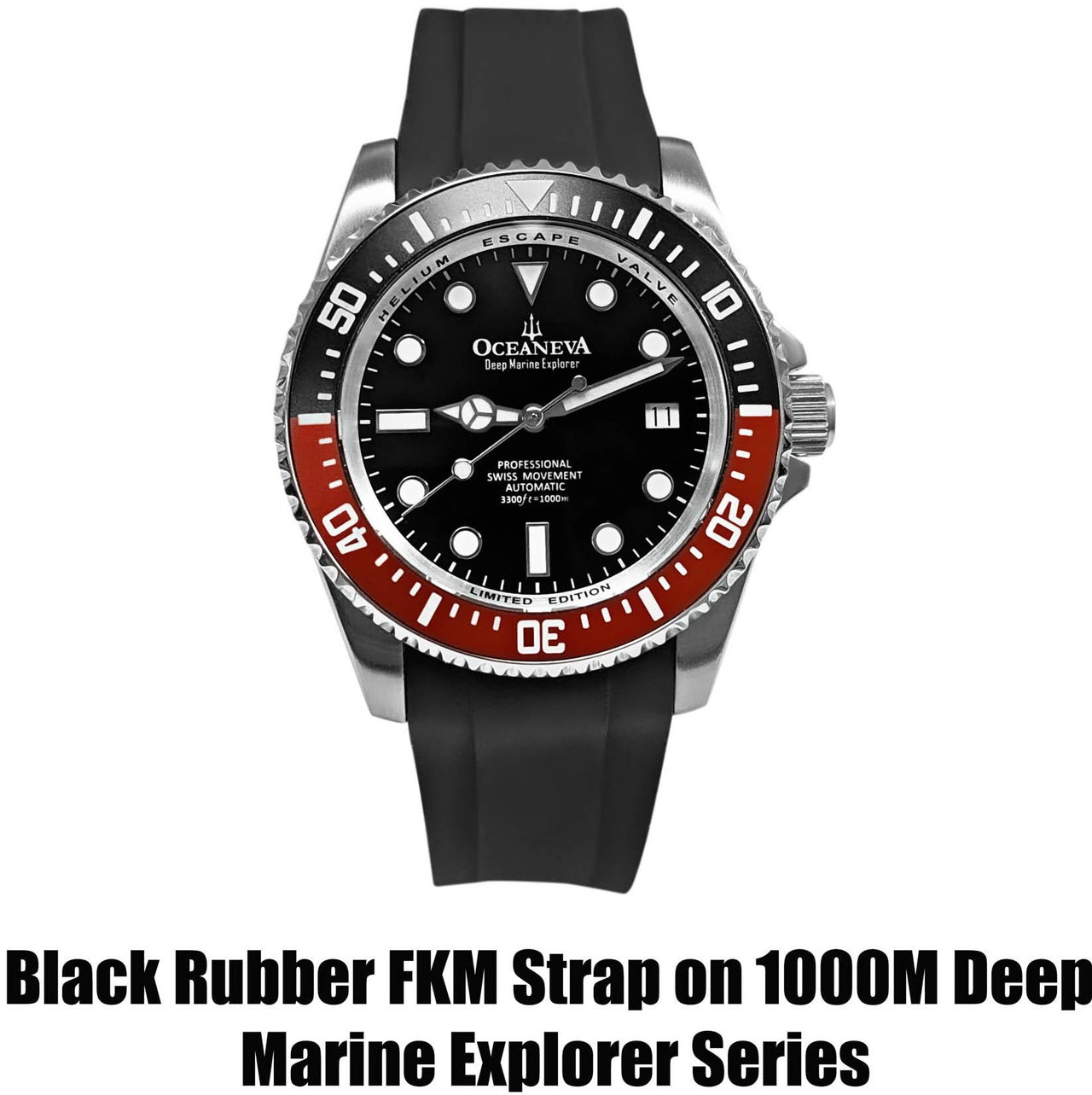 FKM Black Rubber Strap - BRUSHED Steel Buckle - FKM-BK-BR Black FKM rubber strap, FKM Rubber Watch Strap