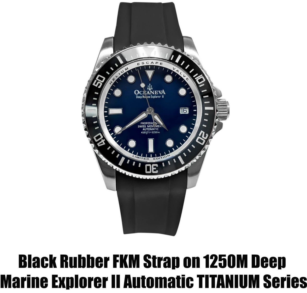 FKM Black Rubber Strap - BRUSHED Steel Buckle - FKM-BK-BR Black FKM rubber strap, FKM Rubber Watch Strap