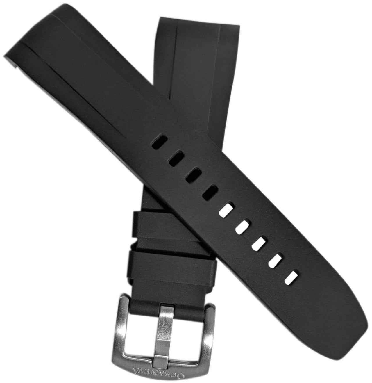 FKM Black Rubber Strap - BRUSHED Steel Buckle - FKM-BK-BR Black FKM rubber strap, FKM Rubber Watch Strap