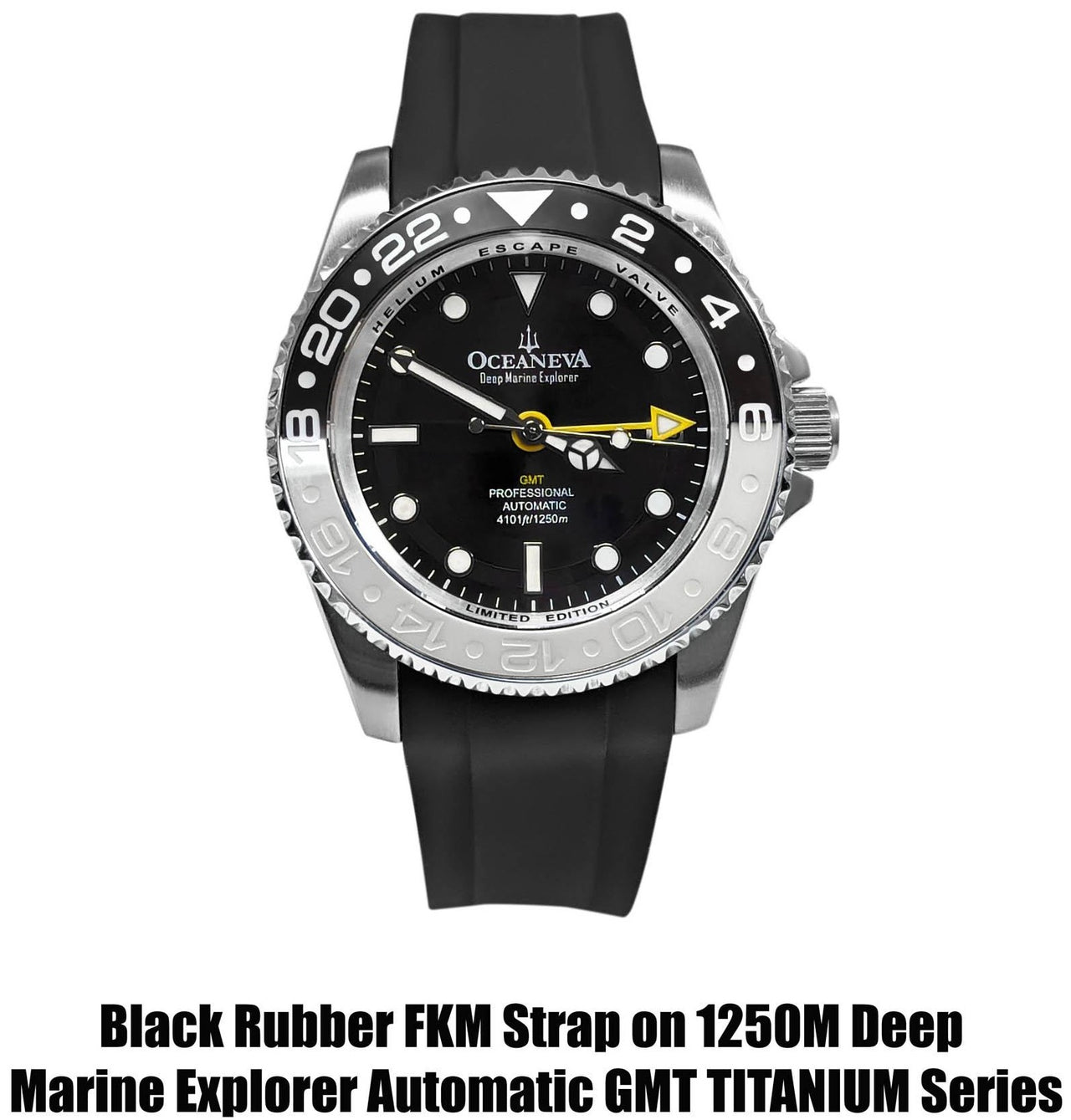 FKM Black Rubber Strap - BRUSHED Steel Buckle - FKM-BK-BR Black FKM rubber strap, FKM Rubber Watch Strap