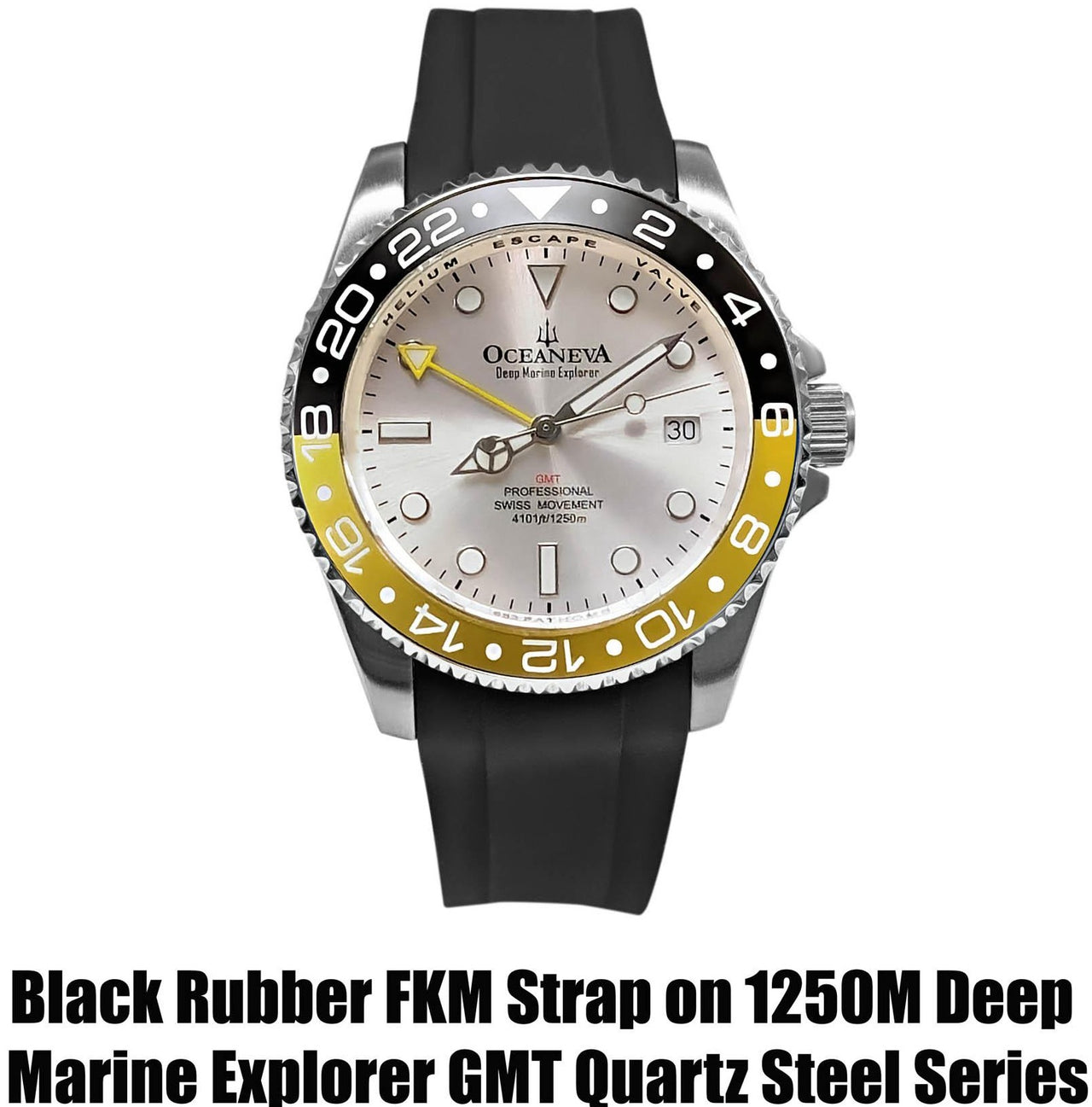 FKM Black Rubber Strap - DAMASCUS Steel Buckle - FKM-BK-DM FKM Rubber Watch Strap, White FKM rubber strap