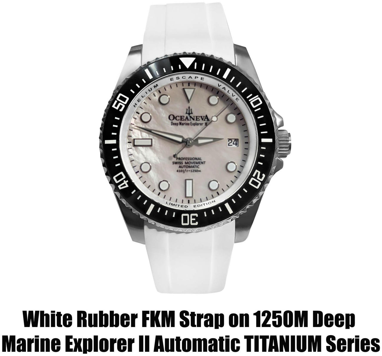 FKM White Rubber Strap - DAMASCUS Steel Buckle - FKM-WH-DM FKM Rubber Watch Strap, White FKM rubber strap