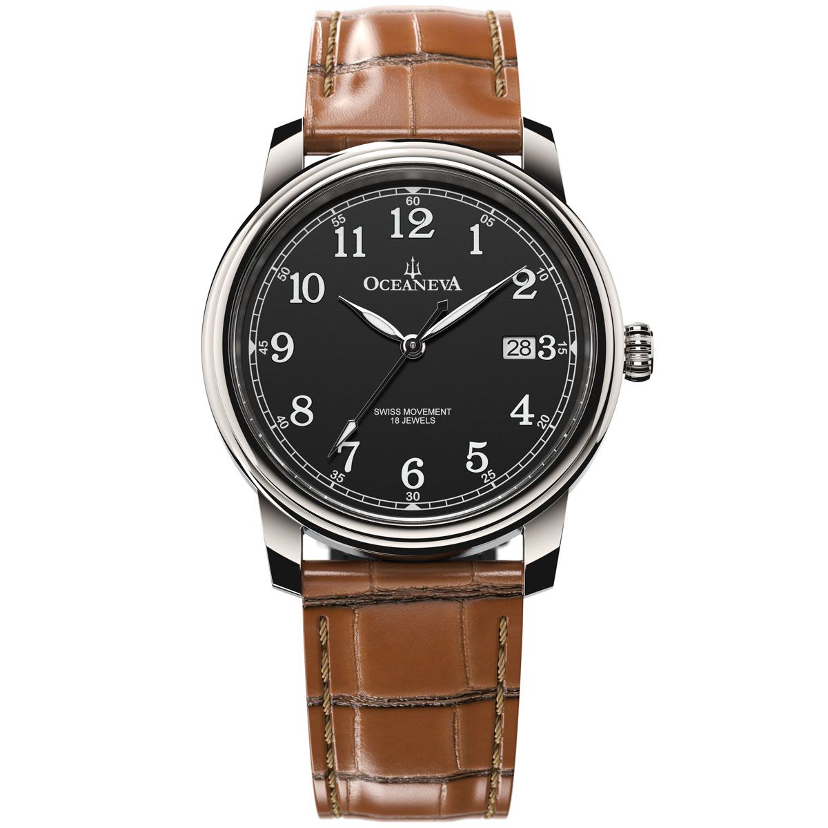 Oceaneva Tempus Pure classic men dress watch featuring a black dial and brown alligator pattern leather strap front view