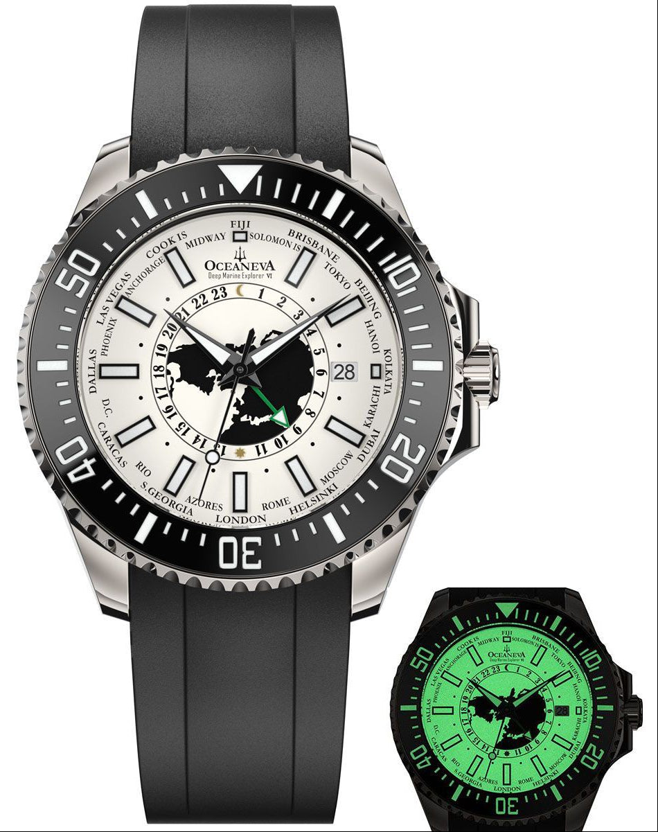 Oceaneva WorldTime 6000m Automatic Grade 5 Titanium GMT Watch Full Lume Green X1