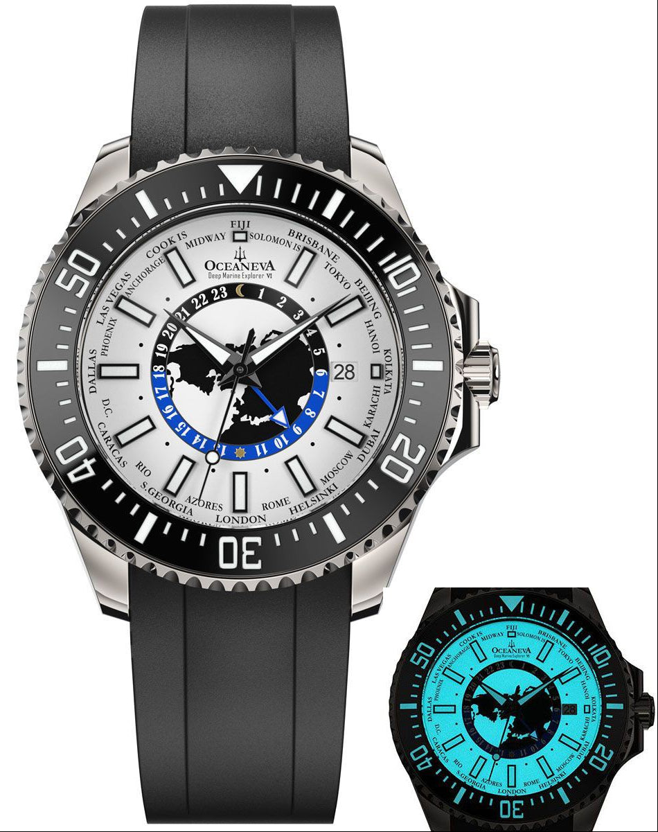 Oceaneva WorldTime 6000m Automatic Grade 5 Titanium GMT Watch Full Lume Black Blue