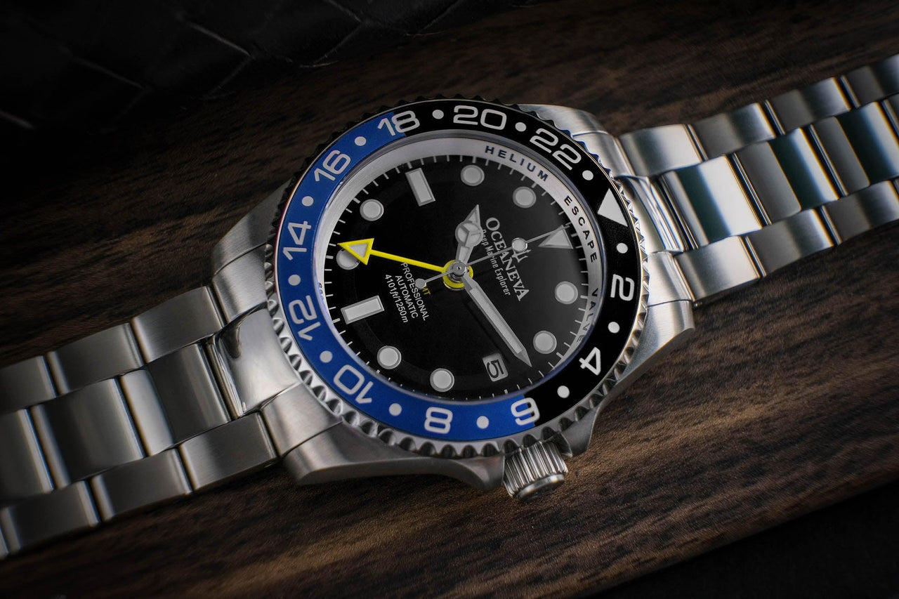 Oceaneva Men's GMT Automatic Deep Marine Explorer 1250M Pro Diver Black Dial Watch - BK.BL.NH.BK.GMT.ST automatic GMT watch, Automatic watches, Diver GMT, GMT Dive Watch, men's gmt watches