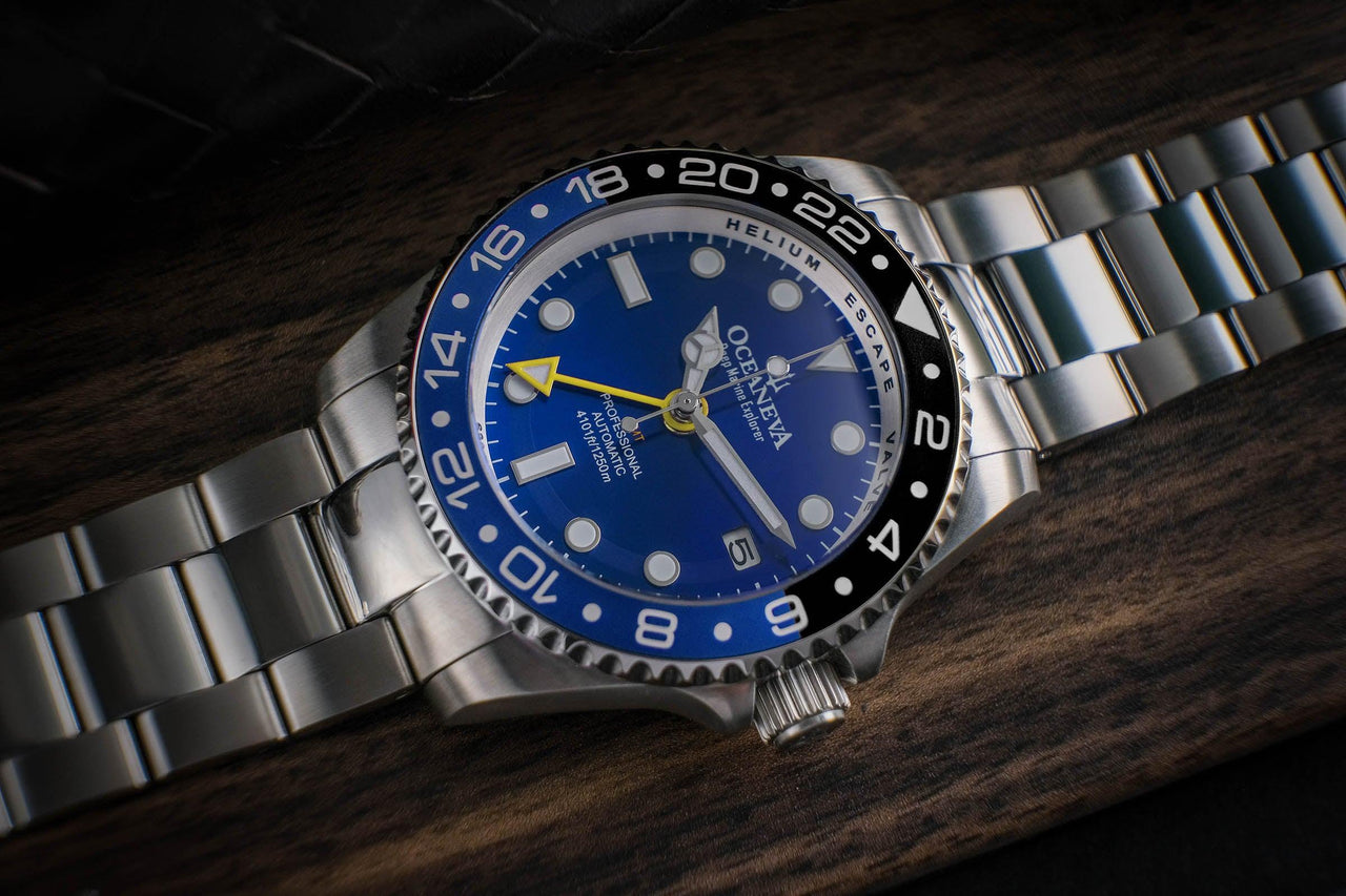 Oceaneva Men's GMT Automatic Deep Marine Explorer 1250M Pro Diver Blue Dial Watch - BL.BL.NH.BK.GMT.ST automatic GMT watch, Automatic watches, Diver GMT, GMT Dive Watch, men's gmt watches