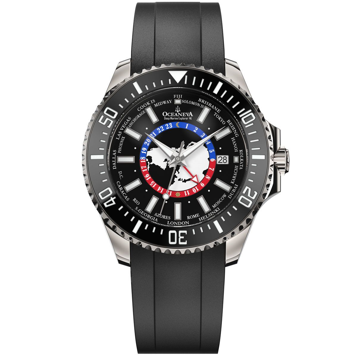 Oceaneva Deep Marine Explorer GMT Worldtimer 6000M grade 5 titanium watch front view with black world time dial and rubber strap