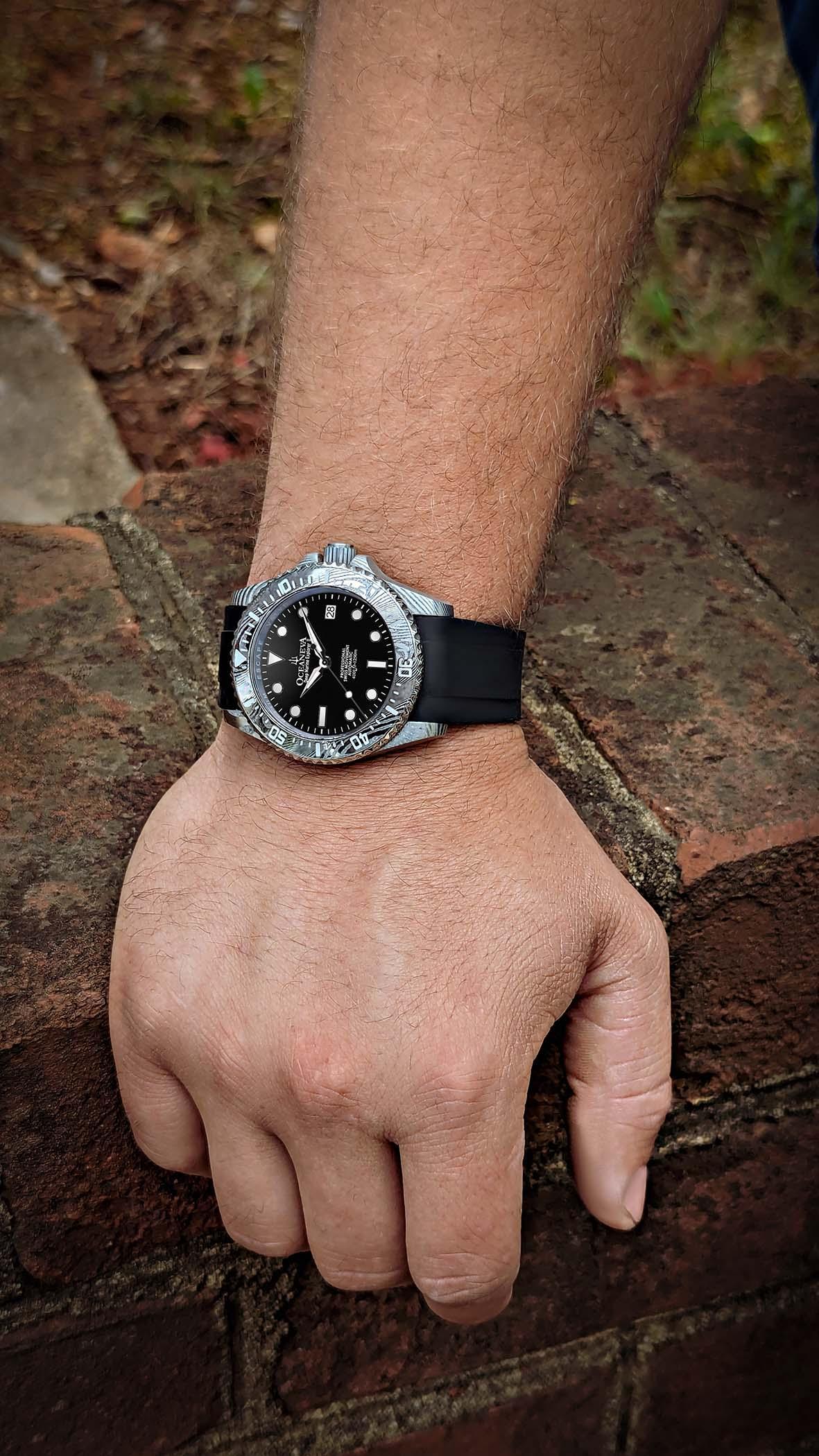 Oceaneva Men's Deep Marine Explorer II 1250m Damascus Steel Watch Rubber Strap - DM200BK Automatic watches, damascus steel, Damascus steel dive watch, Damascus Steel Watch, Diver watch