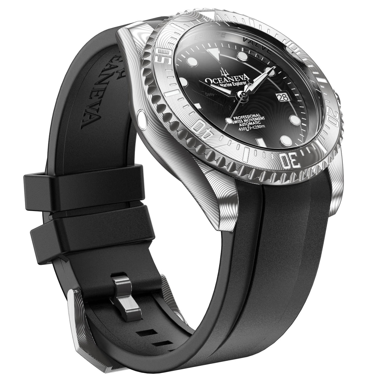 Oceaneva Mens Deep Marine Explorer II Black Damascus Steel Dial Watch - DM200BKDM Automatic watches, Black FKM rubber strap, damascus steel, Damascus Steel Watch, Diver watch
