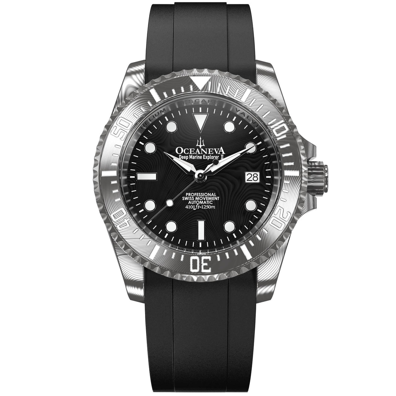 Oceaneva Mens Deep Marine Explorer II Black Damascus Steel Dial Watch - DM200BKDM Automatic watches, Black FKM rubber strap, damascus steel, Damascus Steel Watch, Diver watch