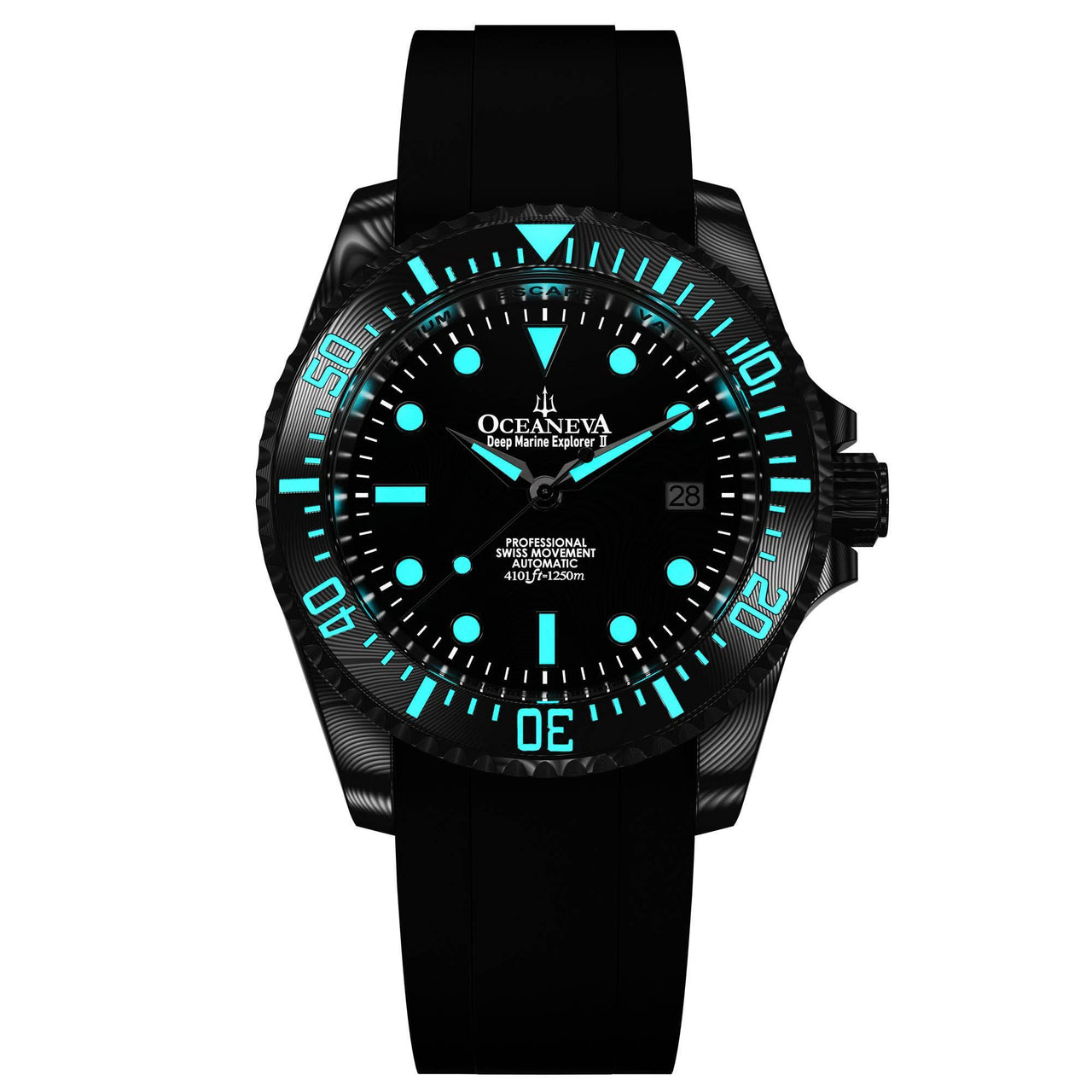 Oceaneva Mens Deep Marine Explorer II Black Damascus Steel Dial Watch - DM200BKDM Automatic watches, Black FKM rubber strap, damascus steel, Damascus Steel Watch, Diver watch