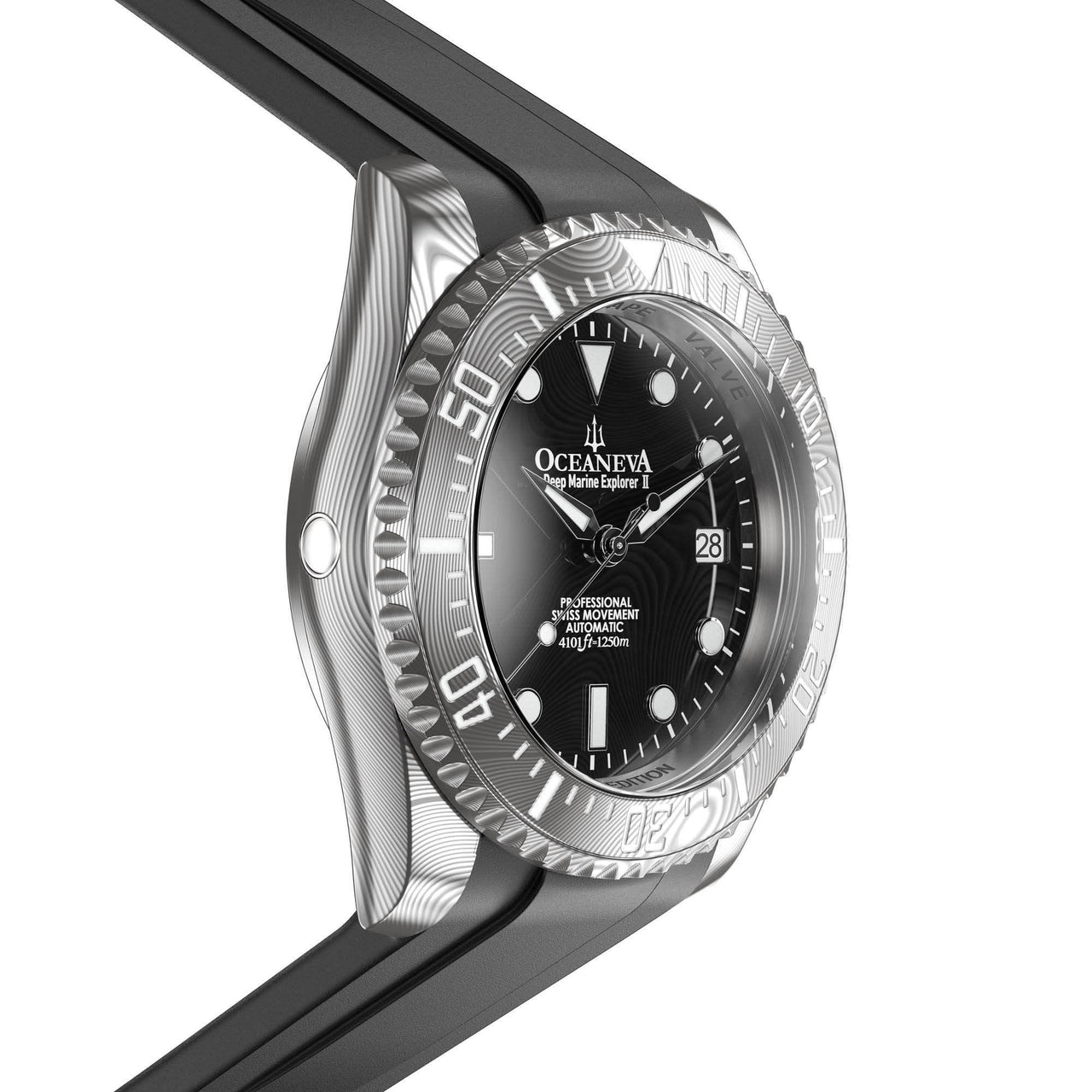 Oceaneva Mens Deep Marine Explorer II Black Damascus Steel Dial Watch - DM200BKDM Automatic watches, Black FKM rubber strap, damascus steel, Damascus Steel Watch, Diver watch