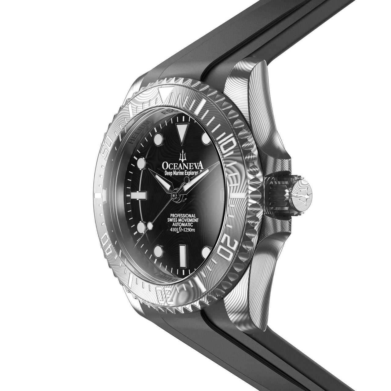Oceaneva Mens Deep Marine Explorer II Black Damascus Steel Dial Watch - DM200BKDM Automatic watches, Black FKM rubber strap, damascus steel, Damascus Steel Watch, Diver watch