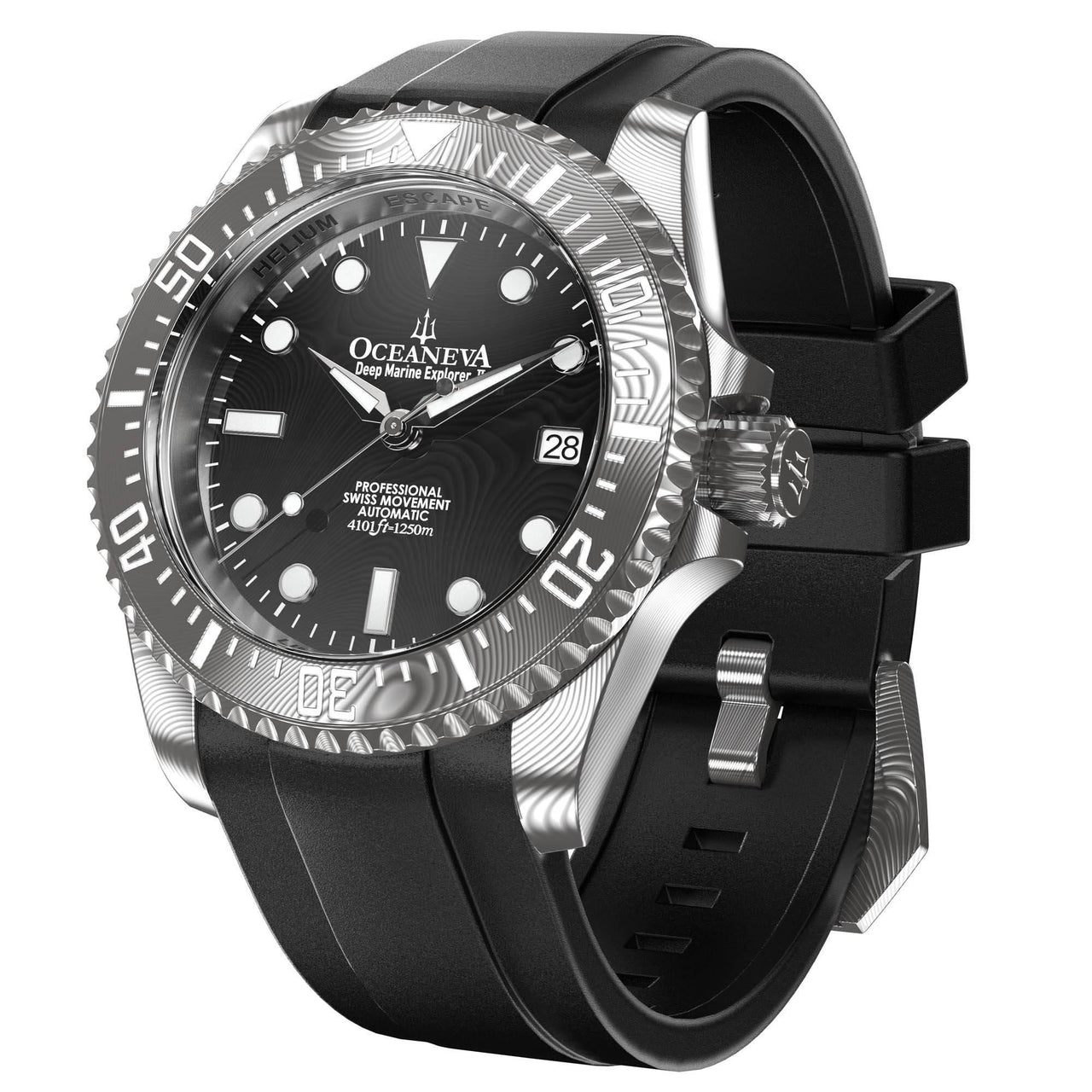 Oceaneva Mens Deep Marine Explorer II Black Damascus Steel Dial Watch - DM200BKDM Automatic watches, Black FKM rubber strap, damascus steel, Damascus Steel Watch, Diver watch
