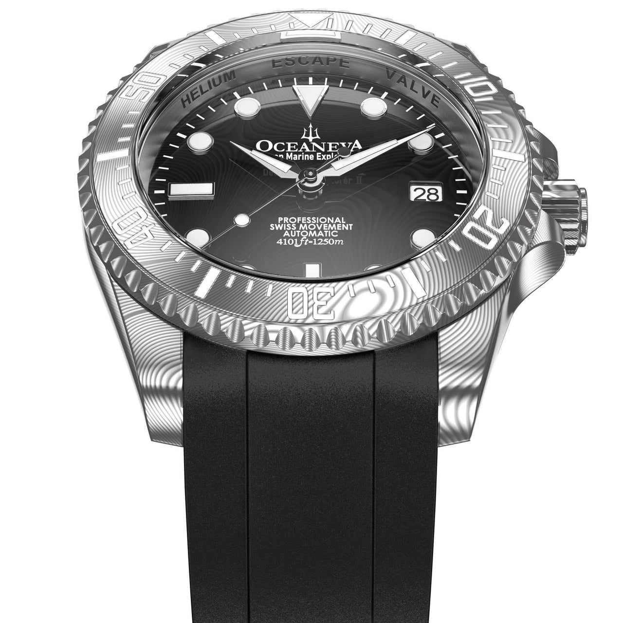 Oceaneva Mens Deep Marine Explorer II Black Damascus Steel Dial Watch - DM200BKDM Automatic watches, Black FKM rubber strap, damascus steel, Damascus Steel Watch, Diver watch