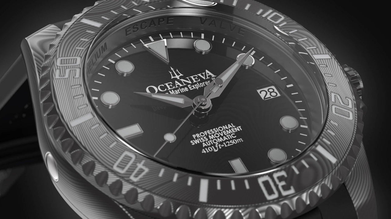 Oceaneva Mens Deep Marine Explorer II Black Damascus Steel Dial Watch - DM200BKDM Automatic watches, Black FKM rubber strap, damascus steel, Damascus Steel Watch, Diver watch