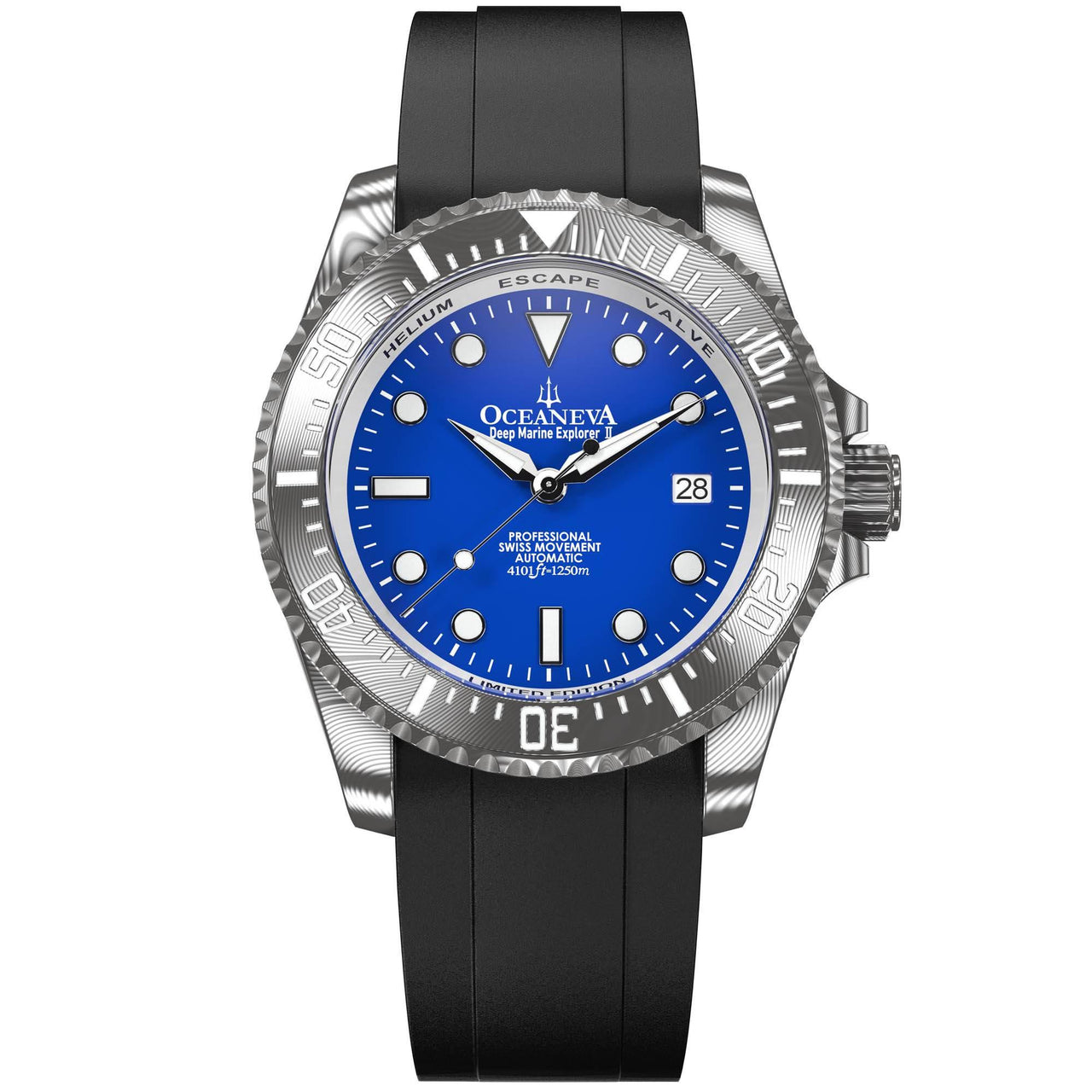 Oceaneva Mens Deep Marine Explorer II Damascus Steel Watch Blue Dial - DM200BL-BlackStrap Automatic watches, Black FKM rubber strap, damascus steel, Damascus Steel Watch, Diver watch