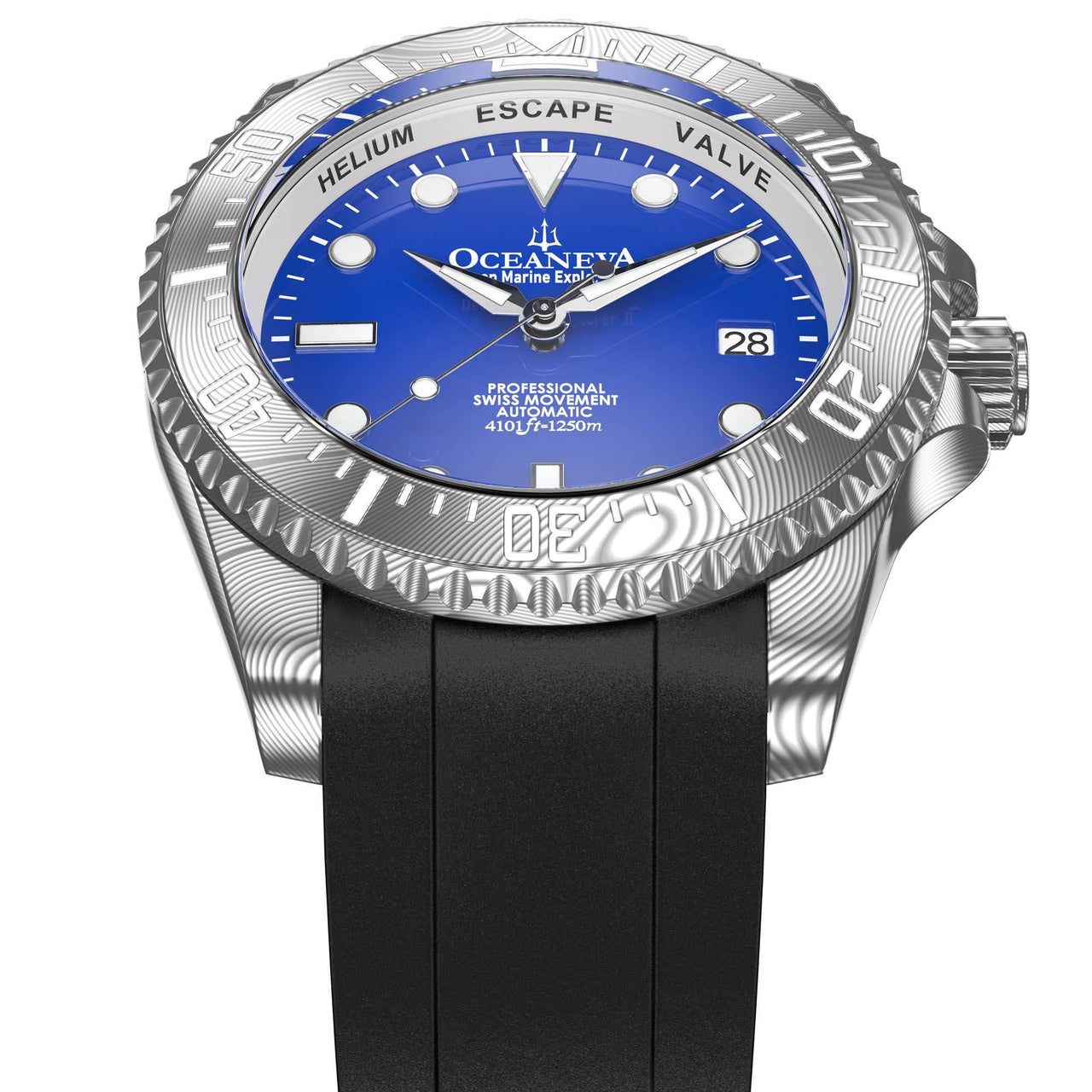 Oceaneva Mens Deep Marine Explorer II Damascus Steel Watch Blue Dial - DM200BL-BlackStrap Automatic watches, Black FKM rubber strap, damascus steel, Damascus Steel Watch, Diver watch