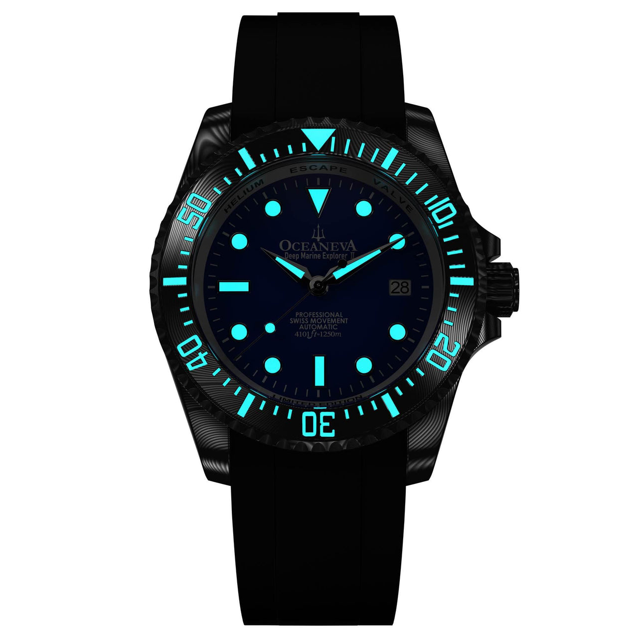 Oceaneva Mens Deep Marine Explorer II Damascus Steel Watch Blue Dial - DM200BL-BlackStrap Automatic watches, Black FKM rubber strap, damascus steel, Damascus Steel Watch, Diver watch