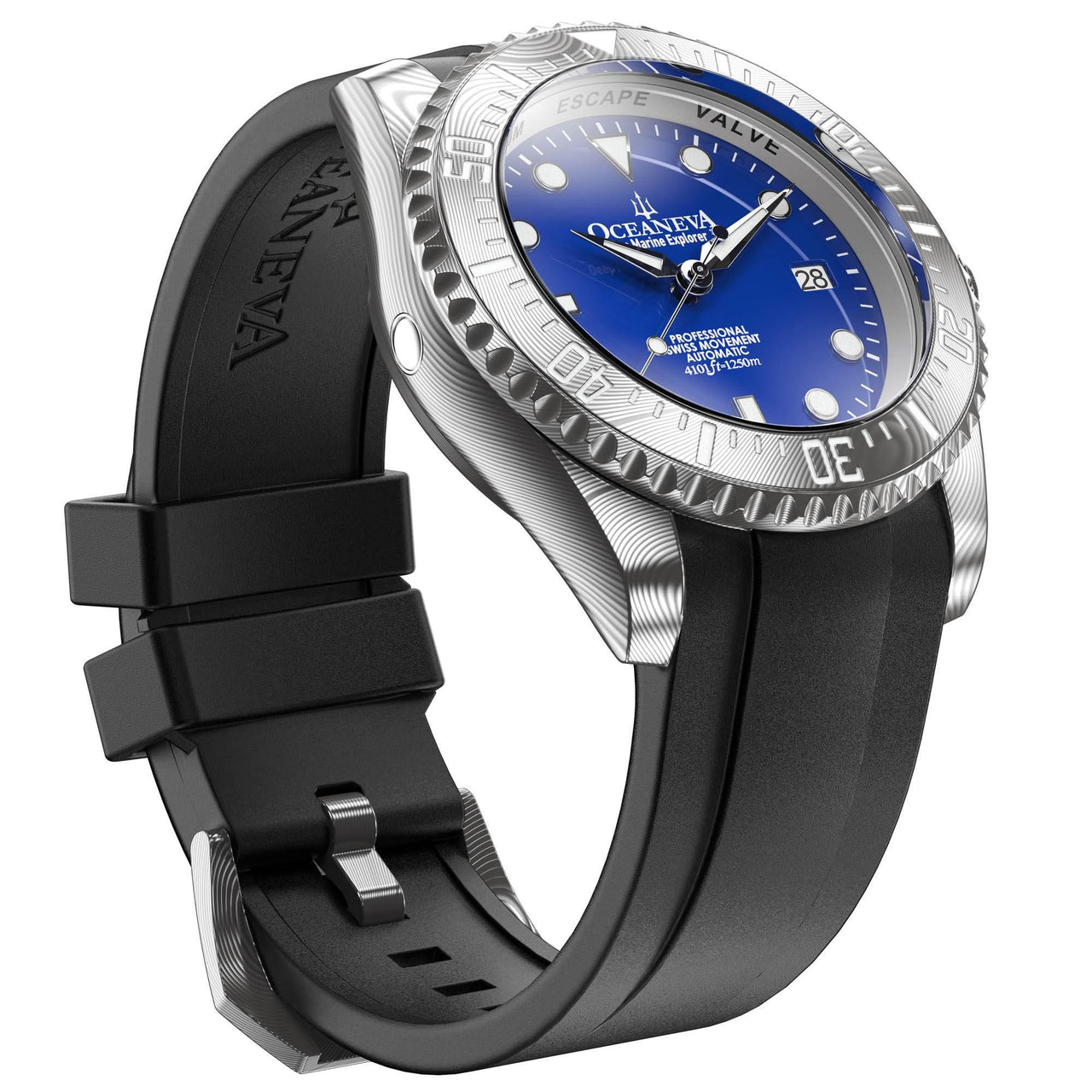 Oceaneva Mens Deep Marine Explorer II Damascus Steel Watch Blue Dial - DM200BL-BlackStrap Automatic watches, Black FKM rubber strap, damascus steel, Damascus Steel Watch, Diver watch