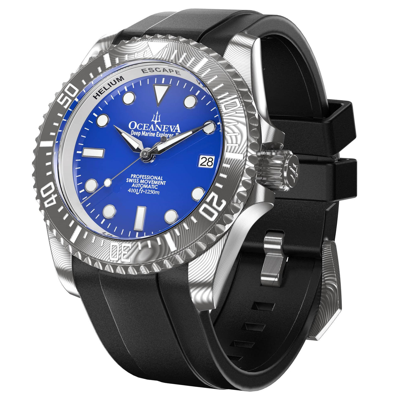 Oceaneva Mens Deep Marine Explorer II Damascus Steel Watch Blue Dial - DM200BL-BlackStrap Automatic watches, Black FKM rubber strap, damascus steel, Damascus Steel Watch, Diver watch