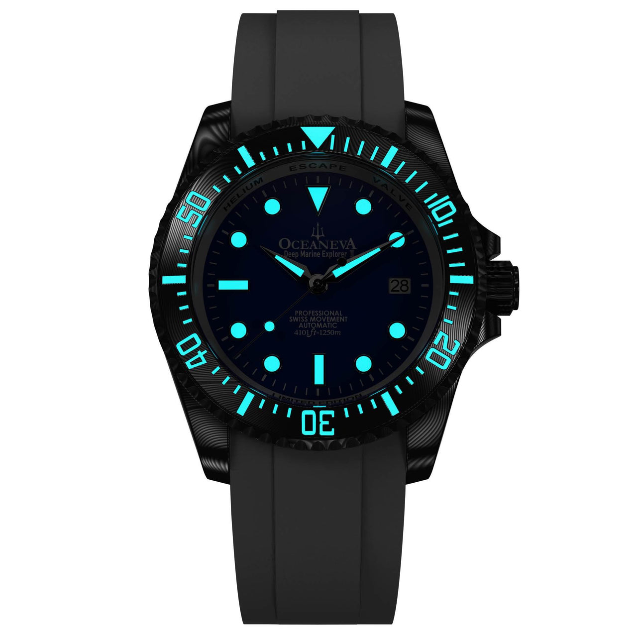 Oceaneva Mens Deep Marine Explorer II Damascus Steel Watch Blue Dial White Rubber - DM200BL-WhiteStrap Automatic watches, damascus steel, Damascus Steel Watch, Diver watch, White FKM rubber strap