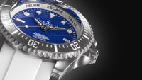 Thumbnail for Oceaneva Mens Deep Marine Explorer II Damascus Steel Watch Blue Dial White Rubber - DM200BL-WhiteStrap Automatic watches, damascus steel, Damascus Steel Watch, Diver watch, White FKM rubber strap