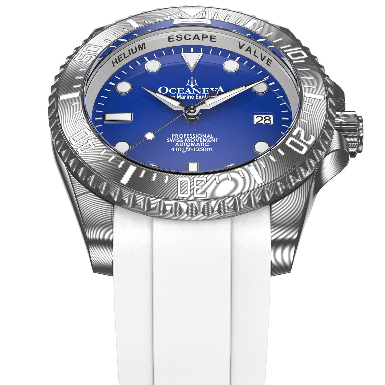 Oceaneva Mens Deep Marine Explorer II Damascus Steel Watch Blue Dial White Rubber - DM200BL-WhiteStrap Automatic watches, damascus steel, Damascus Steel Watch, Diver watch, White FKM rubber strap