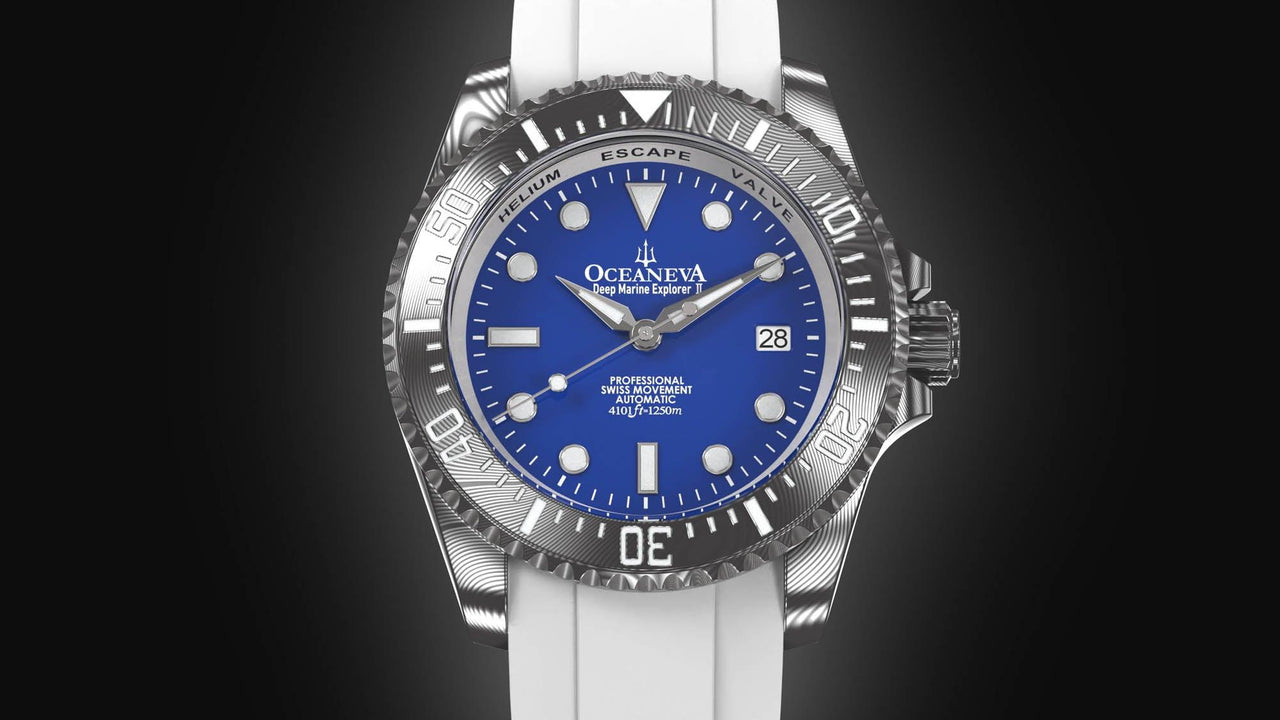 Oceaneva Mens Deep Marine Explorer II Damascus Steel Watch Blue Dial White Rubber - DM200BL-WhiteStrap Automatic watches, damascus steel, Damascus Steel Watch, Diver watch, White FKM rubber strap