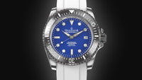 Thumbnail for Oceaneva Mens Deep Marine Explorer II Damascus Steel Watch Blue Dial White Rubber - DM200BL-WhiteStrap Automatic watches, damascus steel, Damascus Steel Watch, Diver watch, White FKM rubber strap