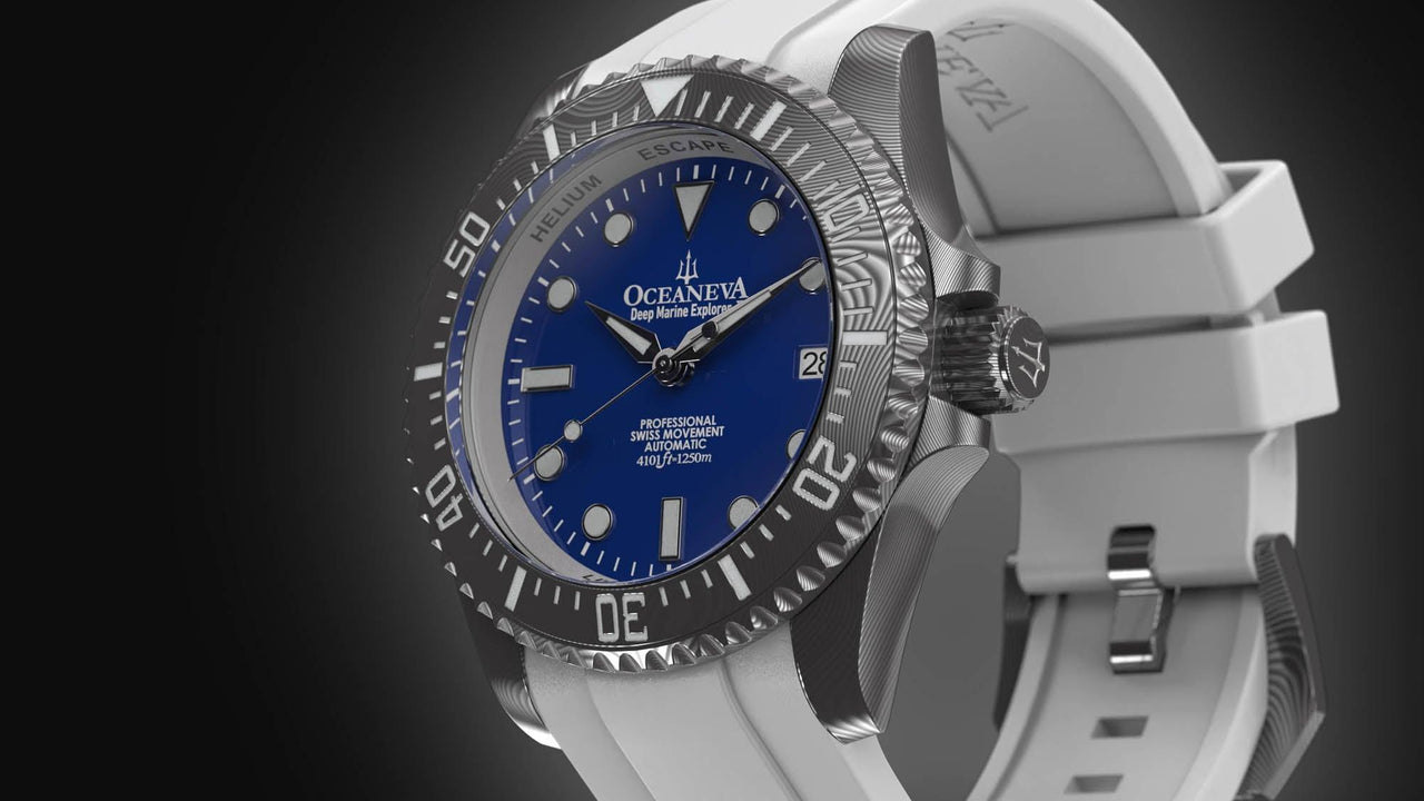 Oceaneva Mens Deep Marine Explorer II Damascus Steel Watch Blue Dial White Rubber - DM200BL-WhiteStrap Automatic watches, damascus steel, Damascus Steel Watch, Diver watch, White FKM rubber strap