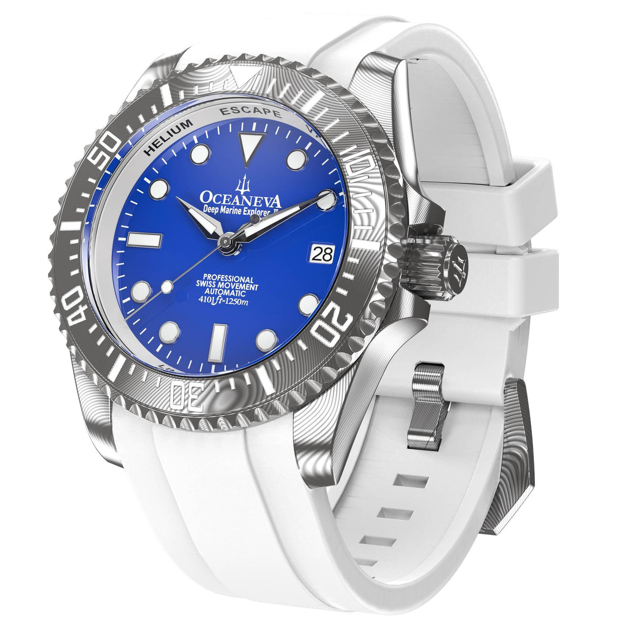 Oceaneva Mens Deep Marine Explorer II Damascus Steel Watch Blue Dial White Rubber - DM200BL-WhiteStrap Automatic watches, damascus steel, Damascus Steel Watch, Diver watch, White FKM rubber strap