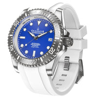 Thumbnail for Oceaneva Mens Deep Marine Explorer II Damascus Steel Watch Blue Dial White Rubber - DM200BL-WhiteStrap Automatic watches, damascus steel, Damascus Steel Watch, Diver watch, White FKM rubber strap